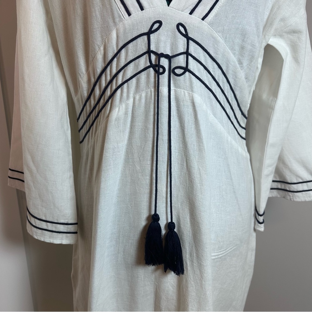 White Maxi Dress with Navy Trim and Tassel Tie - Picture 3 of 13